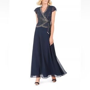 JKARA Navy Tie-side Short Sleeve V Neck Full-Length Formal Gown Dress - Reemoly